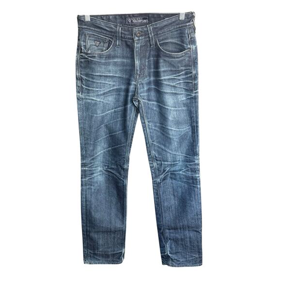 Guess Jeans Mens 30x32 Lincoln Slim Straight Dark Blue Faded Denim Whiskers Prep - Picture 1 of 13